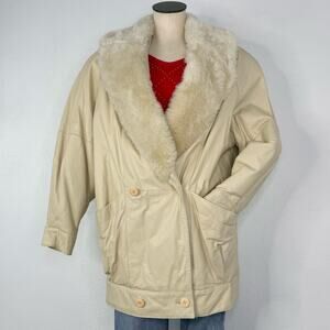 Vintage 80s Leather Cream Faux Fur Collar Double Brested Oversized Jacket Medium